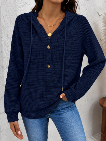Women's Waffle-Knit Hoodie with Button Neckline