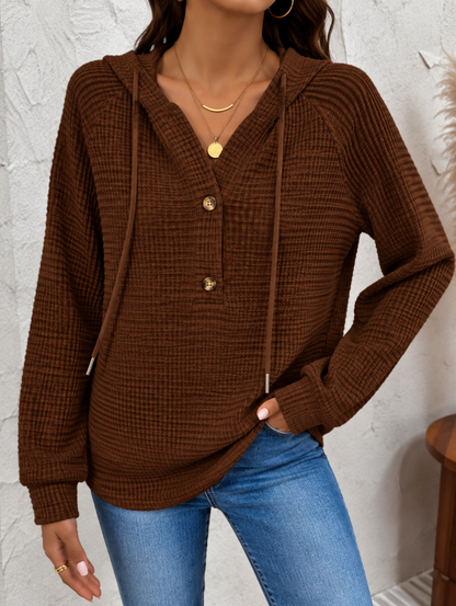 Women's Waffle-Knit Hoodie with Button Neckline