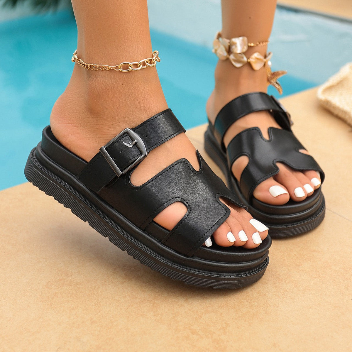 Women's Double-Strap Buckle Platform Sandals