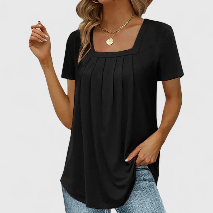 Women's Pleated Square-Neck Short-Sleeve Top