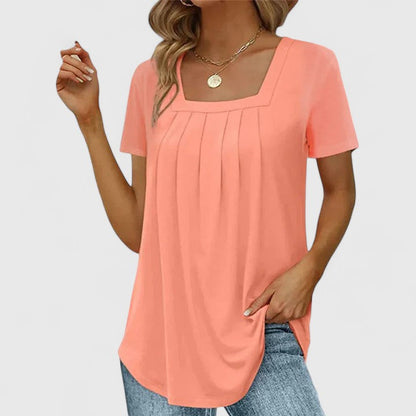 Women's Pleated Square-Neck Short-Sleeve Top