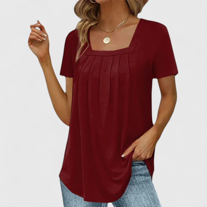 Women's Pleated Square-Neck Short-Sleeve Top