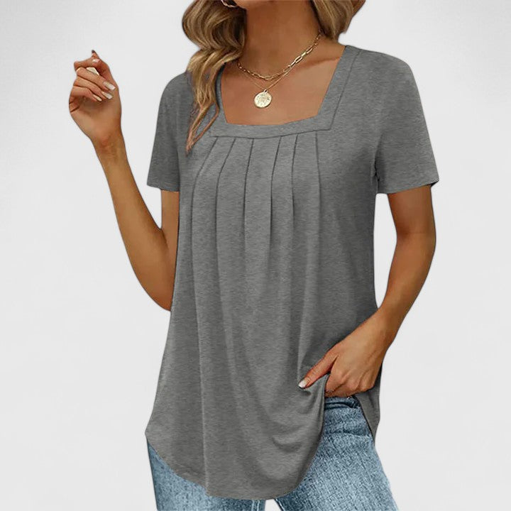 Women's Pleated Square-Neck Short-Sleeve Top