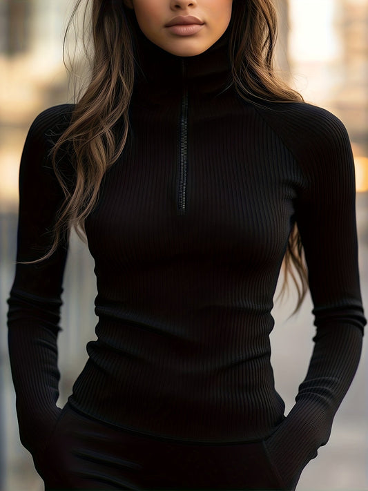 Women's Fitted High-Neck Half-Zip Knit Top