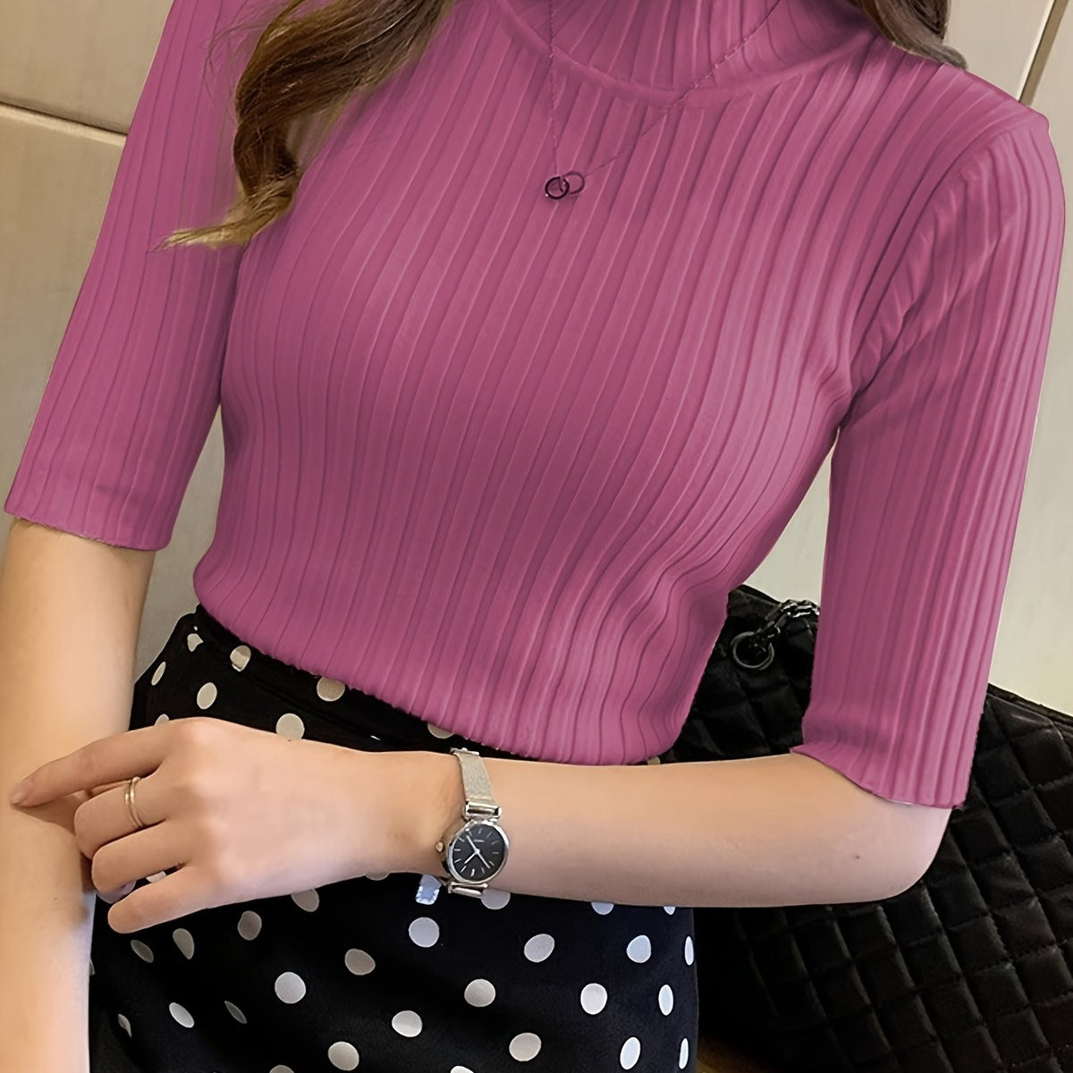 Women's Short-Sleeve Ribbed Mock-Neck Top