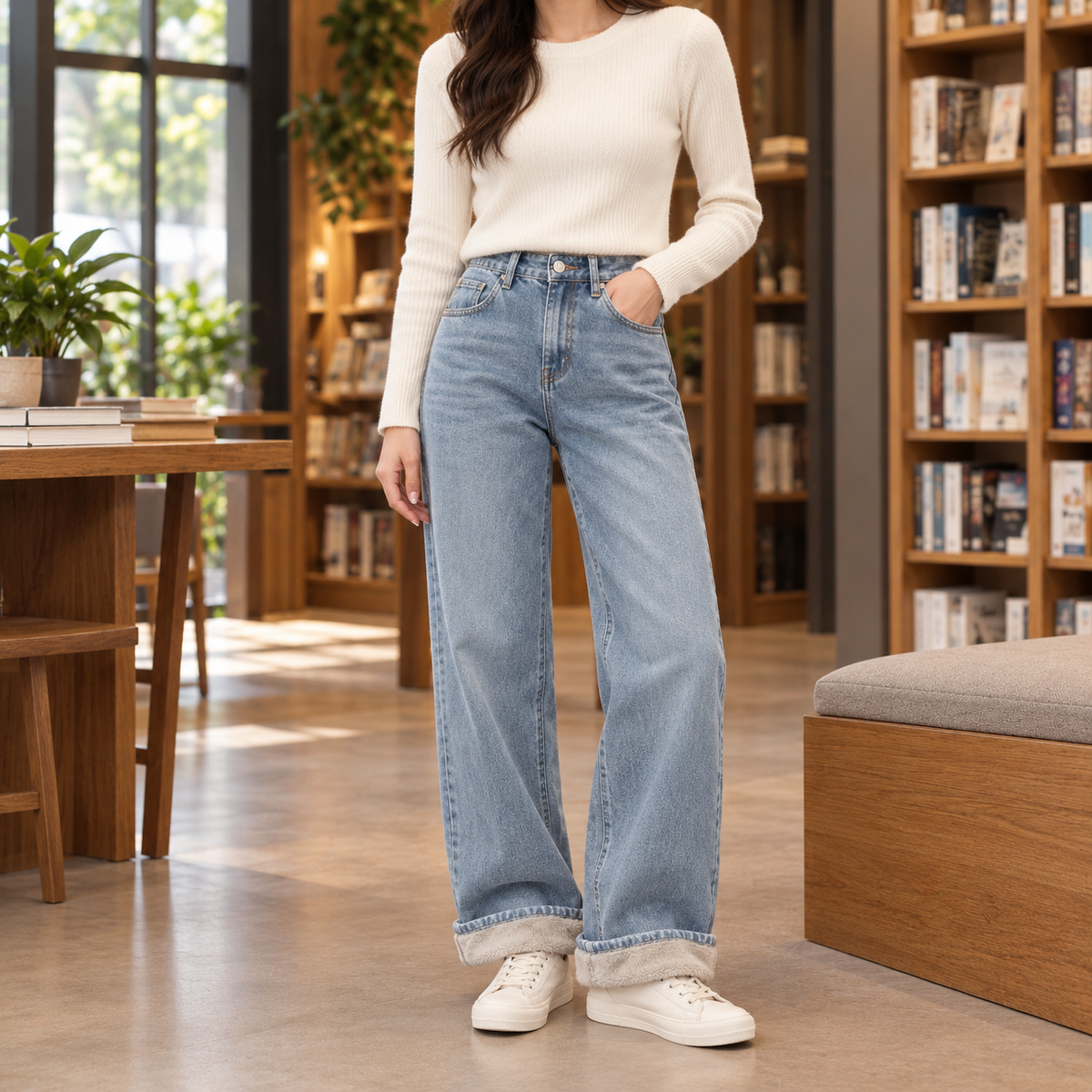 Women's Fleece-Lined High-Rise Wide-Leg Jeans