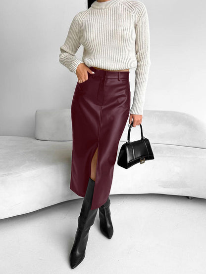 Women's Faux Leather Pencil Midi Skirt with Front Split