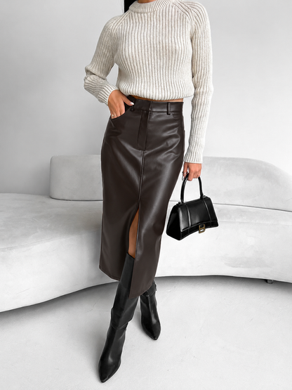 Women's Faux Leather Pencil Midi Skirt with Front Split