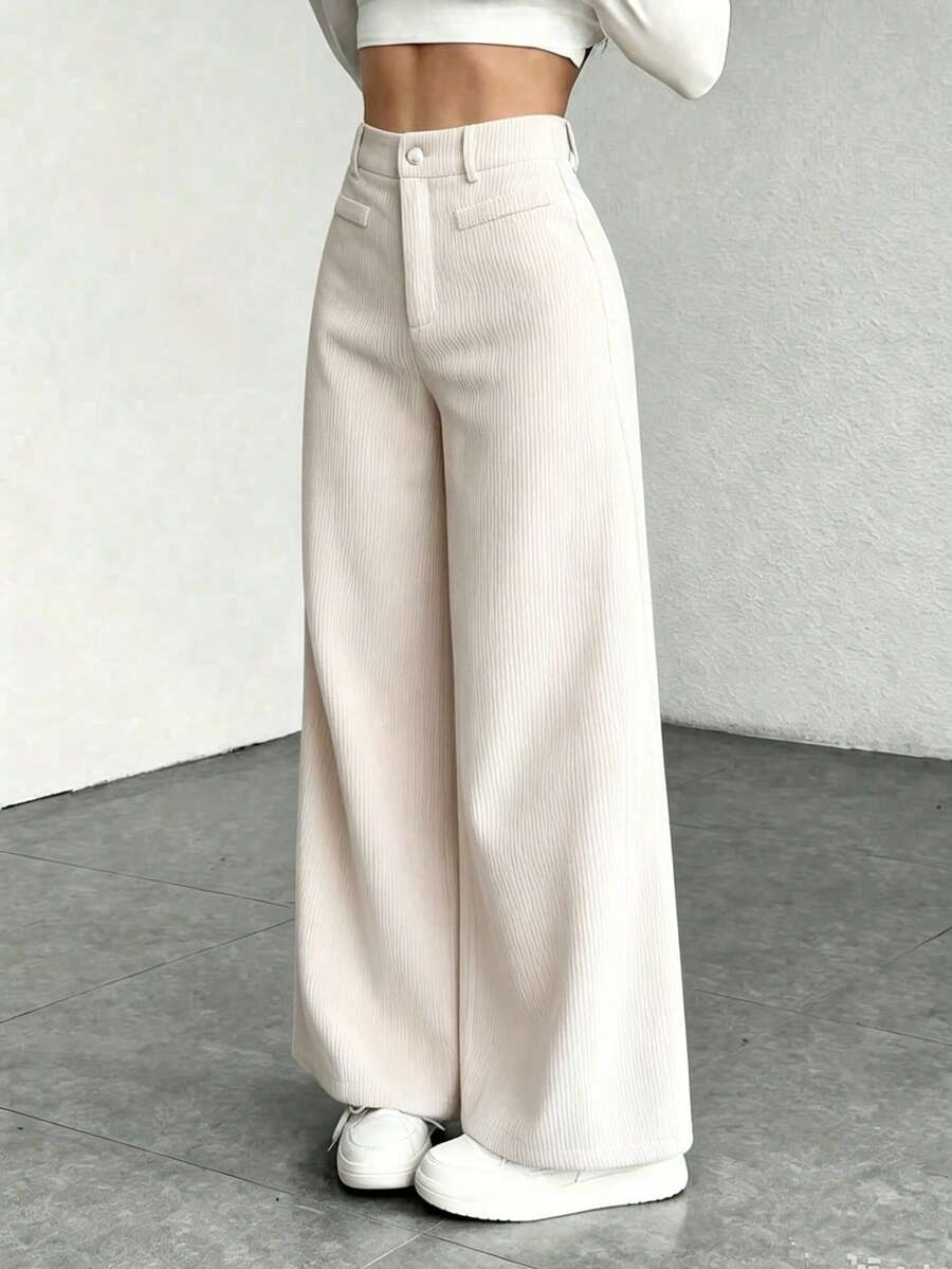 Women's Fine-Cord Wide-Leg Trousers with Flap Pockets
