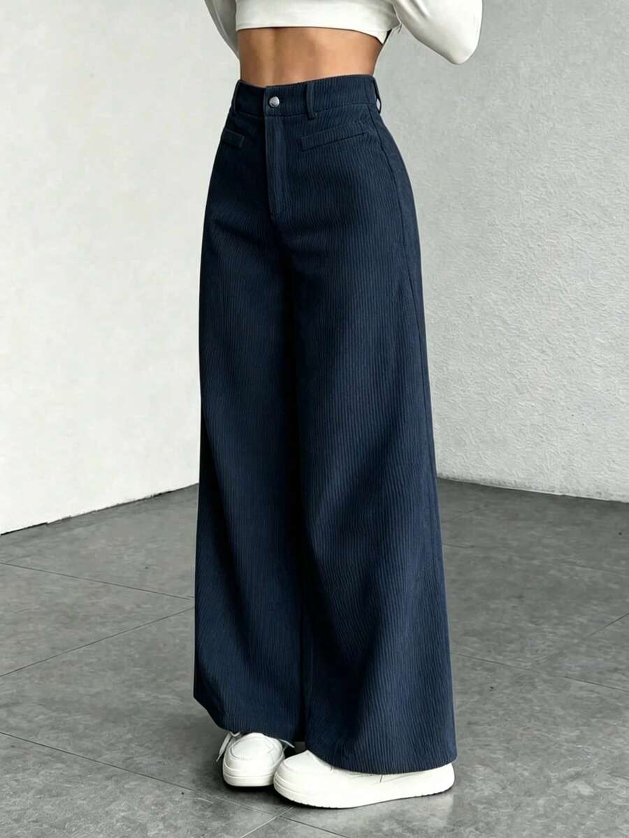 Women's Fine-Cord Wide-Leg Trousers with Flap Pockets