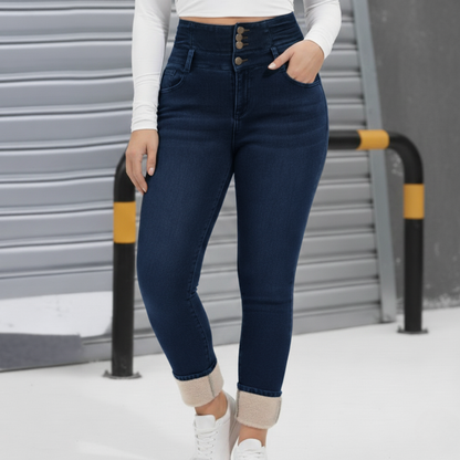 Women's Fleece-Lined High-Waisted Skinny Jeans with Triple Button