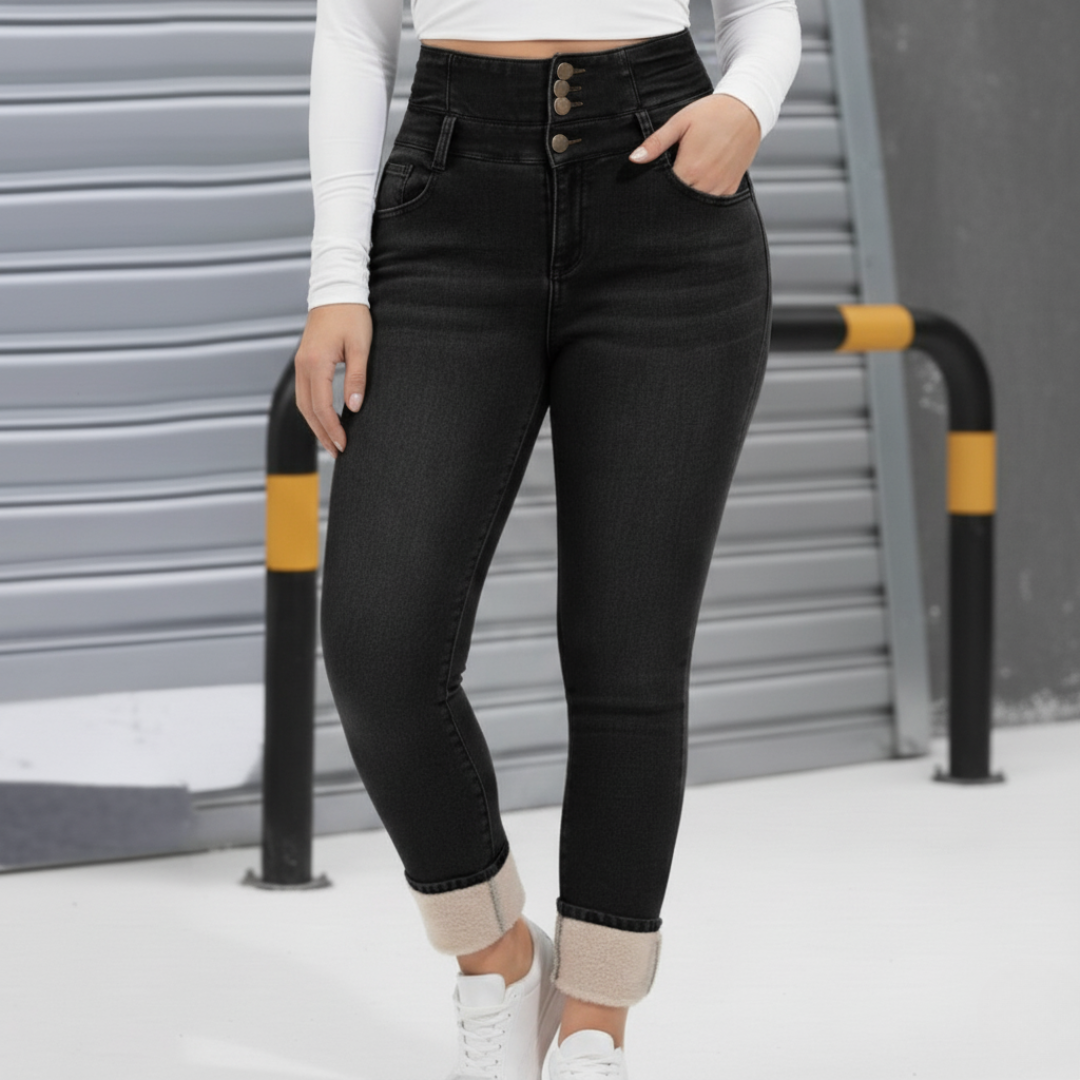 Women's Fleece-Lined High-Waisted Skinny Jeans with Triple Button