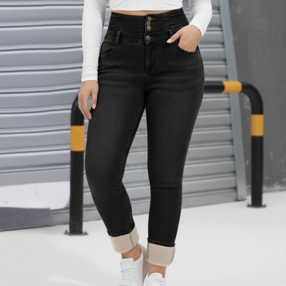Women's Fleece-Lined High-Waisted Skinny Jeans with Triple Button