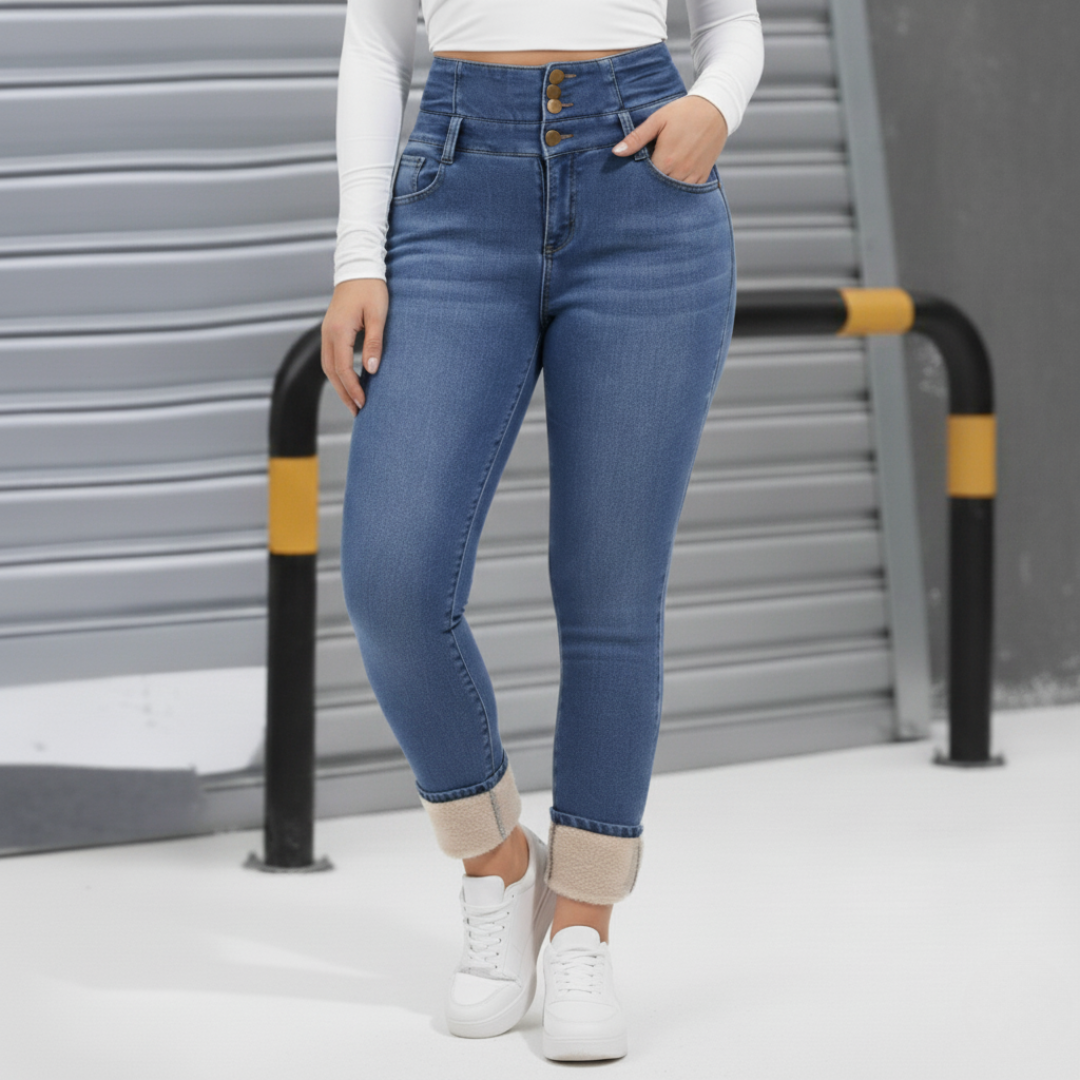Women's Fleece-Lined High-Waisted Skinny Jeans with Triple Button