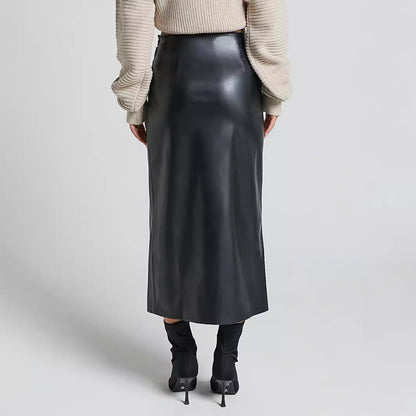 Women's Leather-Look Straight Midi Skirt with Front Split