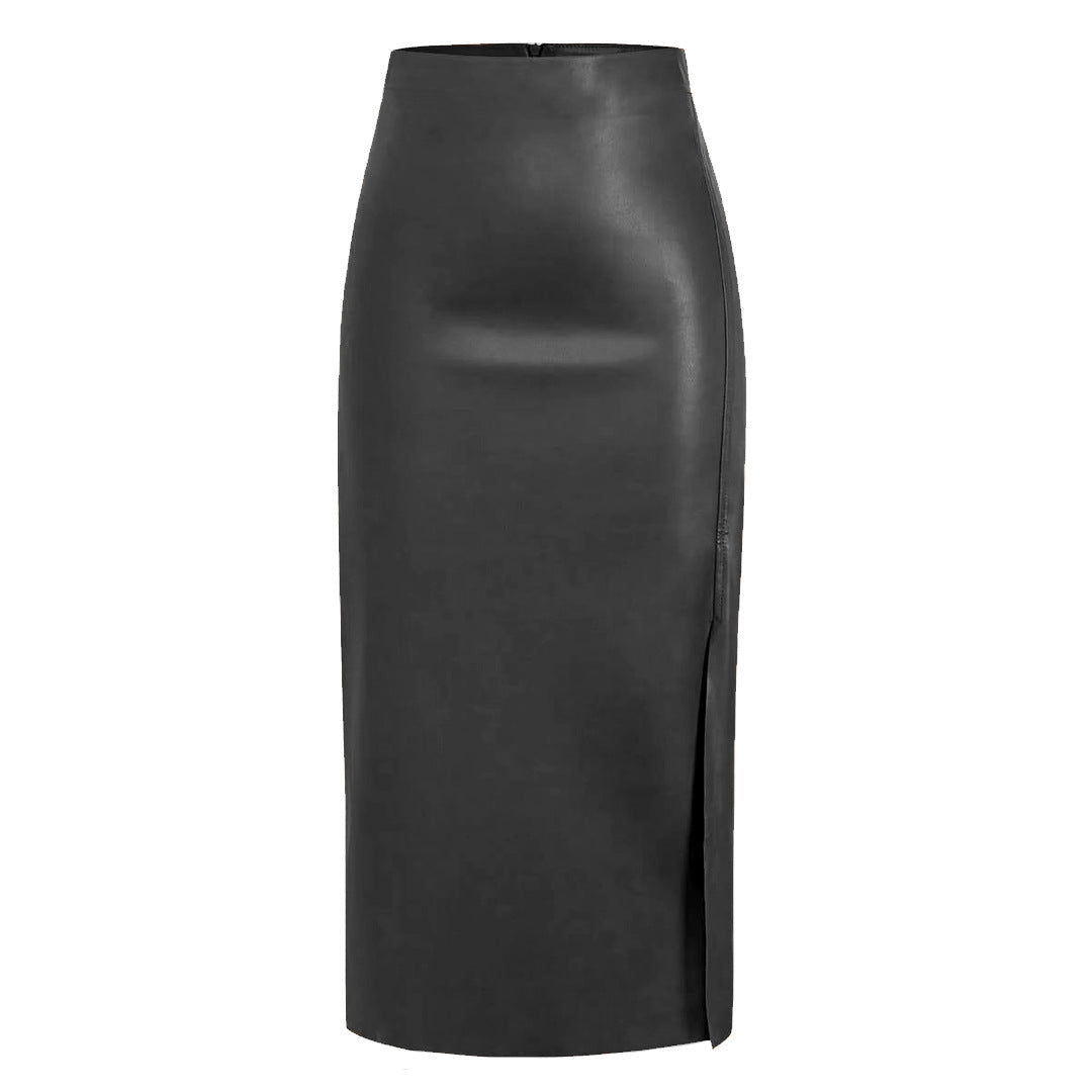 Women's Leather-Look Straight Midi Skirt with Front Split