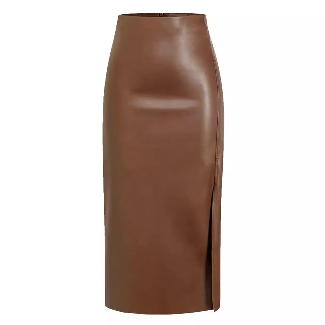Women's Leather-Look Straight Midi Skirt with Front Split
