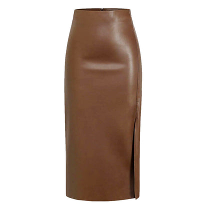 Women's Leather-Look Straight Midi Skirt with Front Split