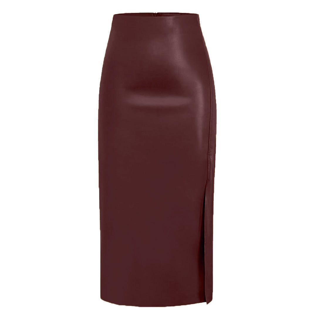 Women's Leather-Look Straight Midi Skirt with Front Split