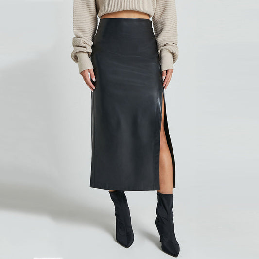 Women's Leather-Look Straight Midi Skirt with Front Split