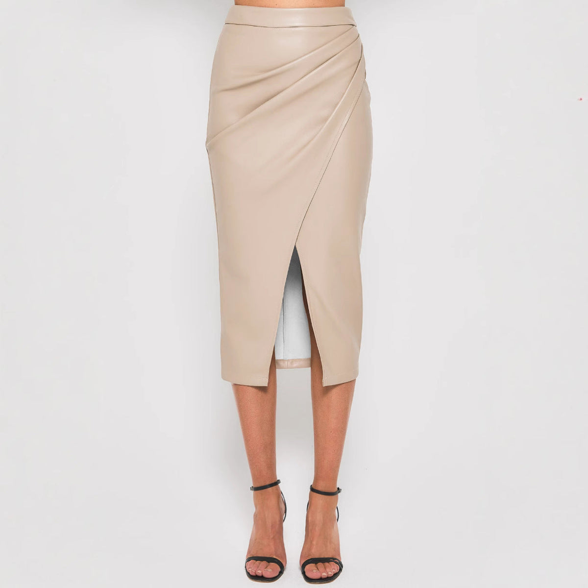 Women's Leather-Look Wrap-Front Midi Skirt