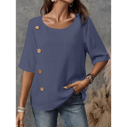 Women's Linen-Look Scoop-Neck Top with Wooden Buttons