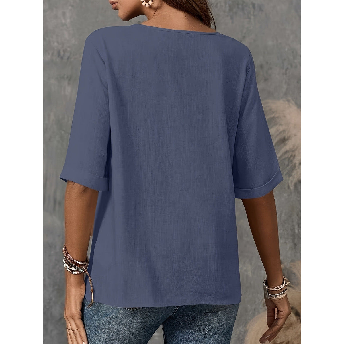 Women's Linen-Look Scoop-Neck Top with Wooden Buttons