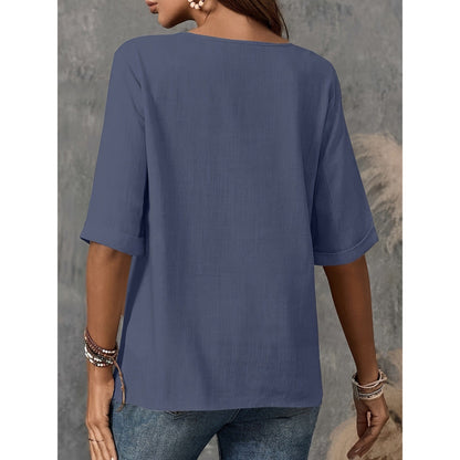 Women's Linen-Look Scoop-Neck Top with Wooden Buttons