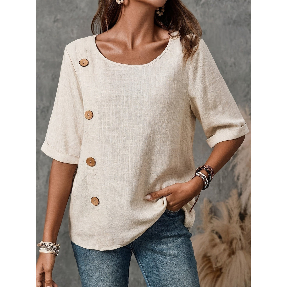 Women's Linen-Look Scoop-Neck Top with Wooden Buttons