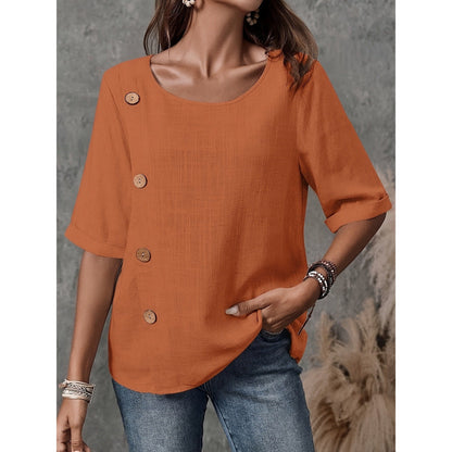 Women's Linen-Look Scoop-Neck Top with Wooden Buttons