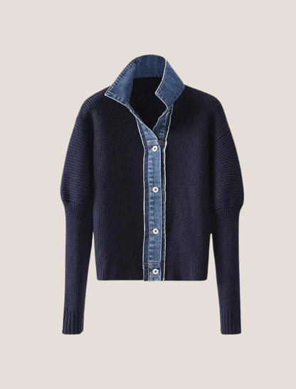 Women's Collared Contrast Knit Button Cardigan