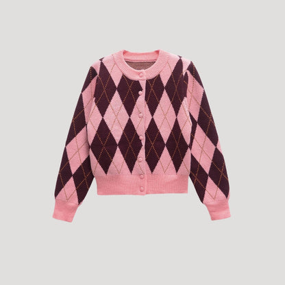 Women's Cropped Argyle Knit Cardigan