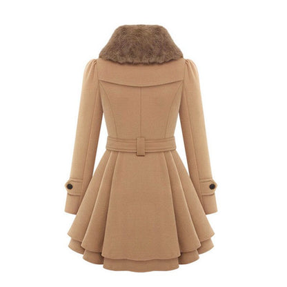 Women's Belted Wool-Blend Coat with Faux Fur Collar