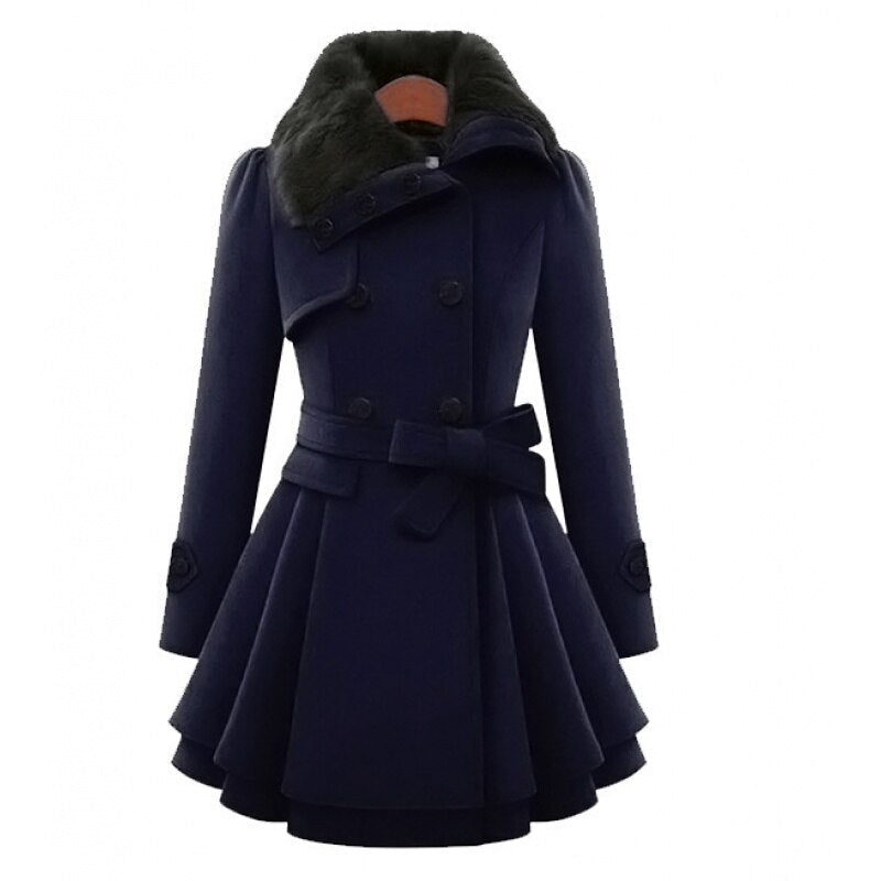 Women's Belted Wool-Blend Coat with Faux Fur Collar