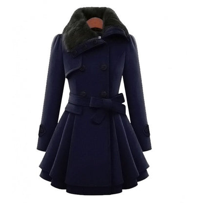 Women's Belted Wool-Blend Coat with Faux Fur Collar
