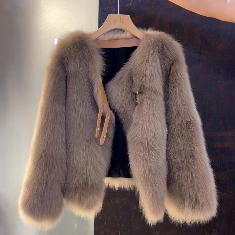 Women's Faux Fur Jacket with Buckle Detail