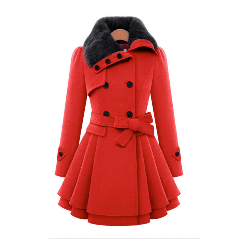Women's Belted Faux Fur Trim Winter Coat