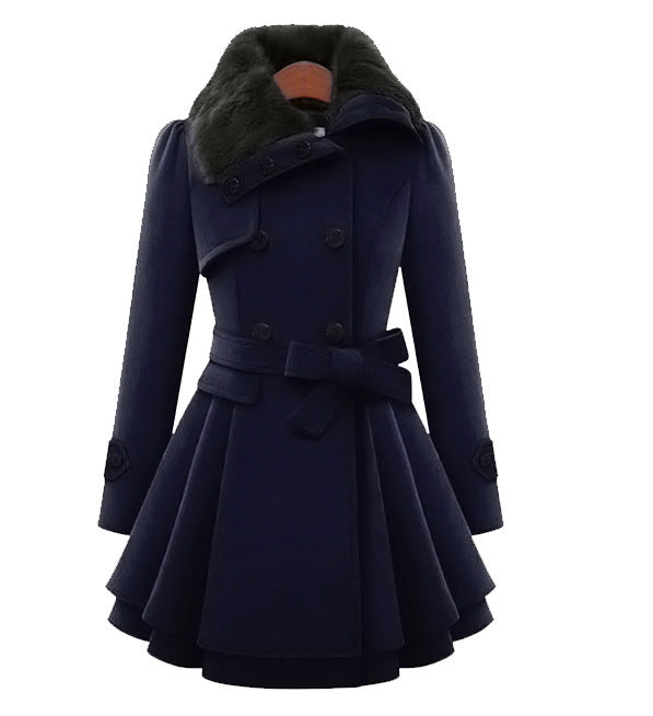 Women's Belted Faux Fur Trim Winter Coat