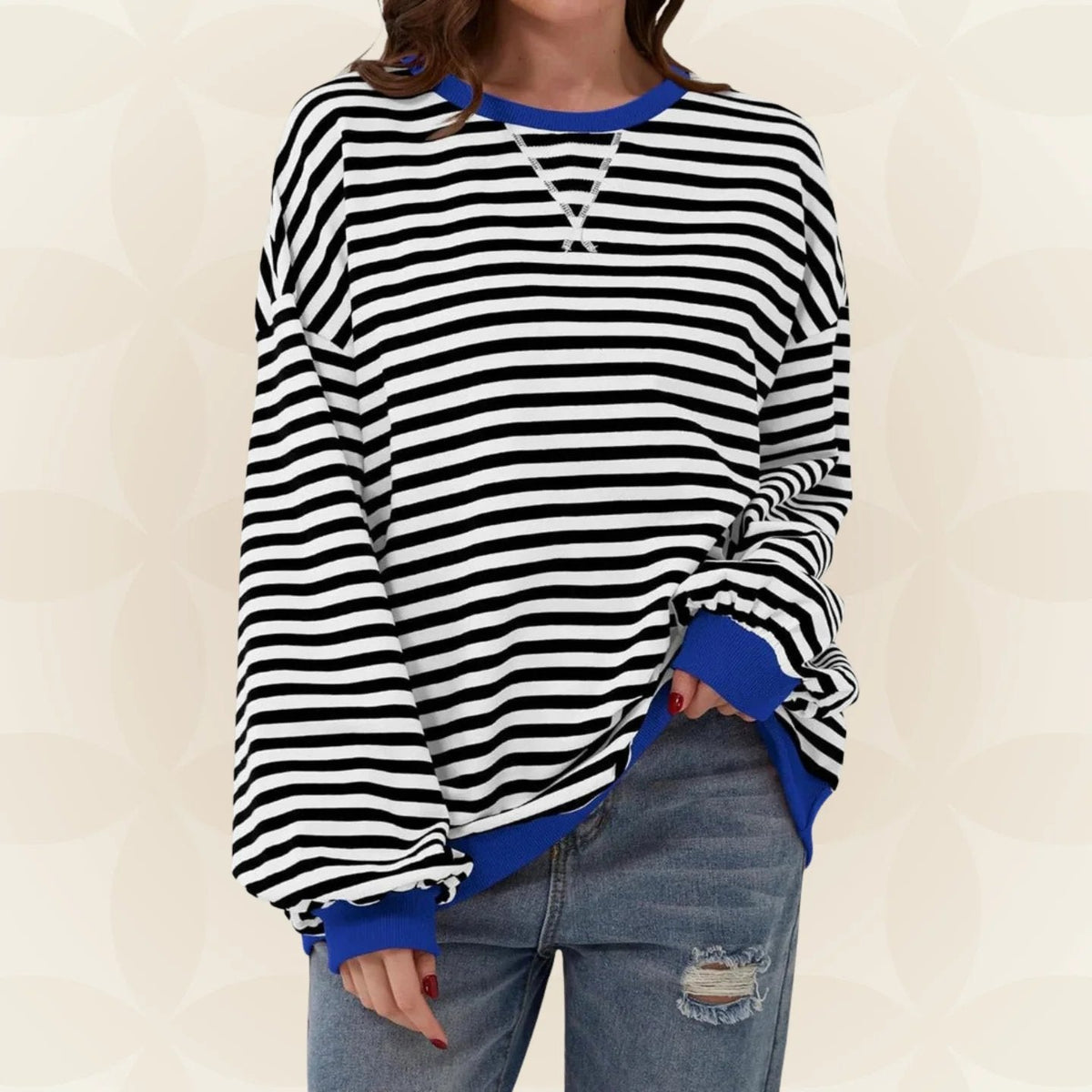 Women's Oversized Striped Sweatshirt with Contrast Cuffs