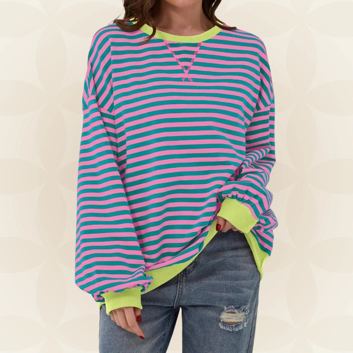 Women's Oversized Striped Sweatshirt with Contrast Cuffs