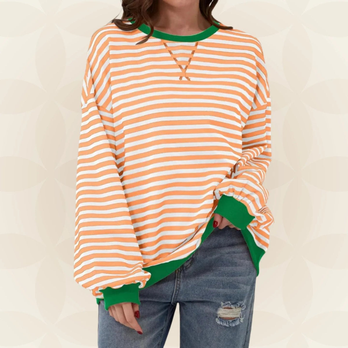 Women's Oversized Striped Sweatshirt with Contrast Cuffs