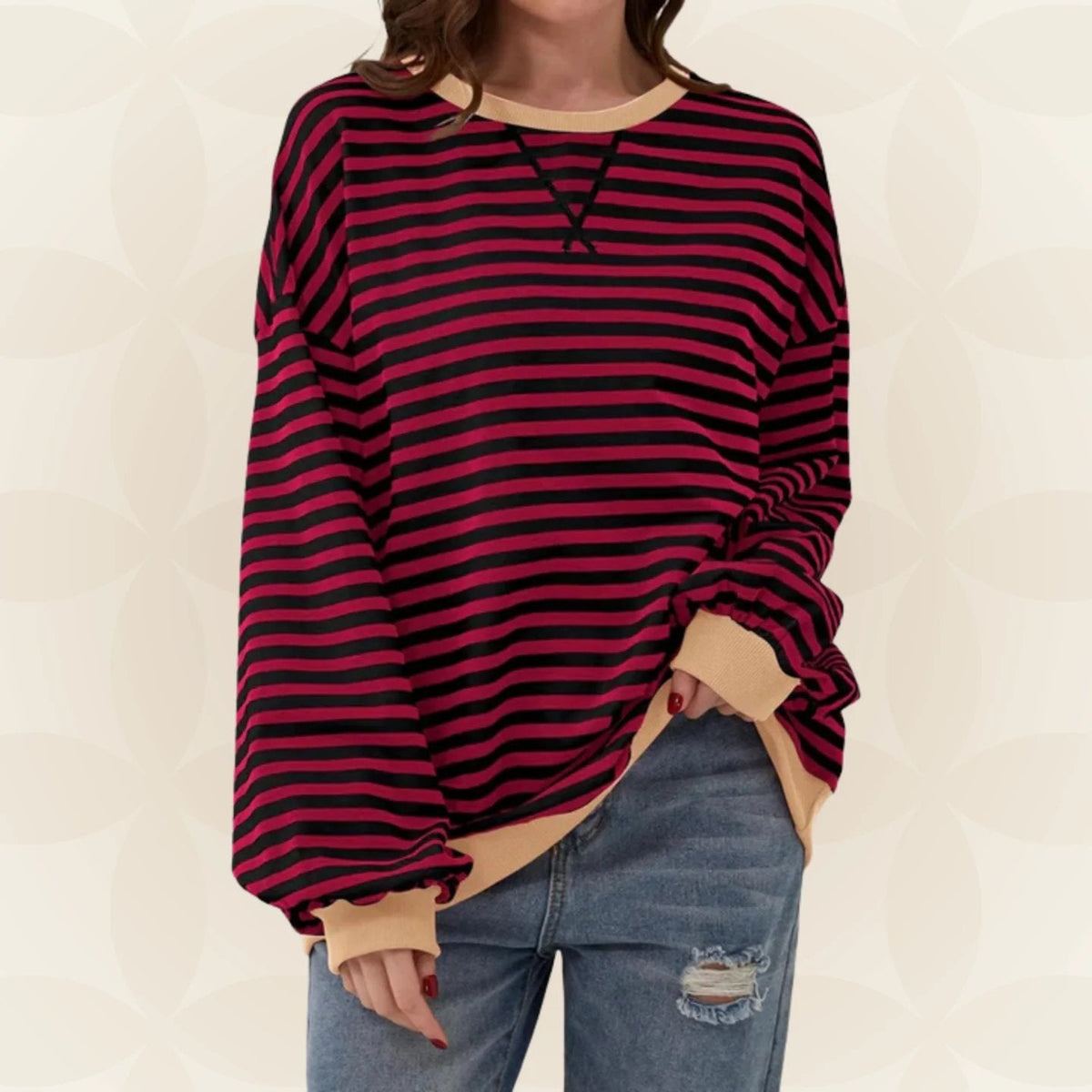 Women's Oversized Striped Sweatshirt with Contrast Cuffs