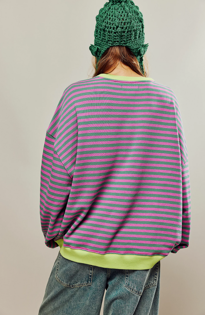 Women's Drop-Shoulder Striped Sweatshirt with Neon Trim