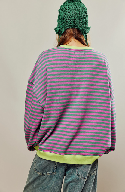 Women's Drop-Shoulder Striped Sweatshirt with Neon Trim
