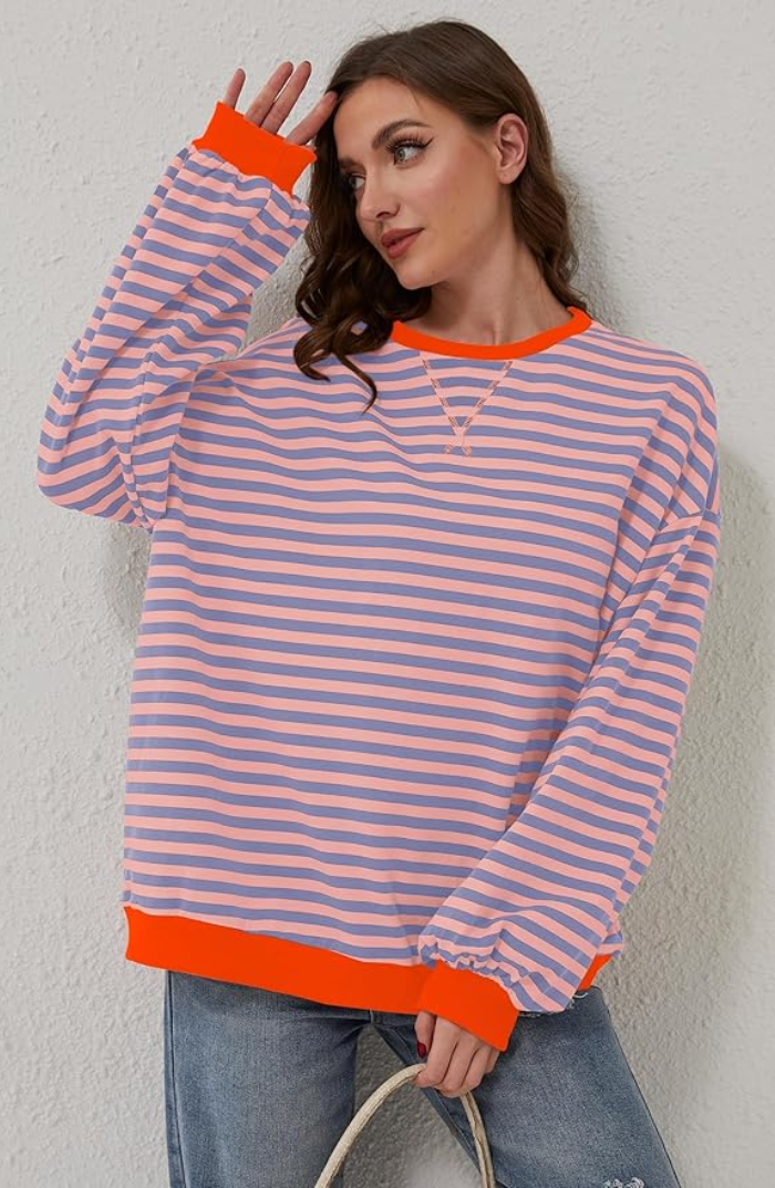 Women's Drop-Shoulder Striped Sweatshirt with Neon Trim