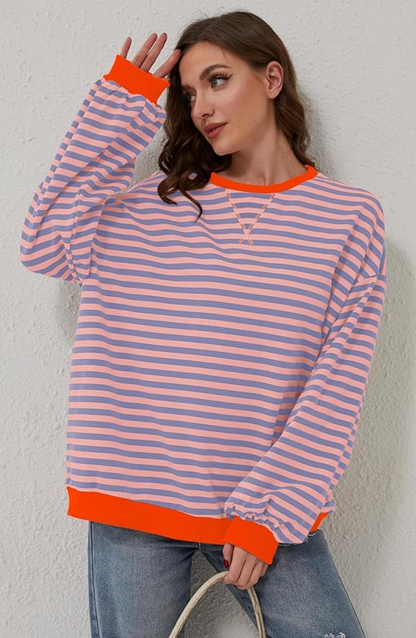 Women's Drop-Shoulder Striped Sweatshirt with Neon Trim