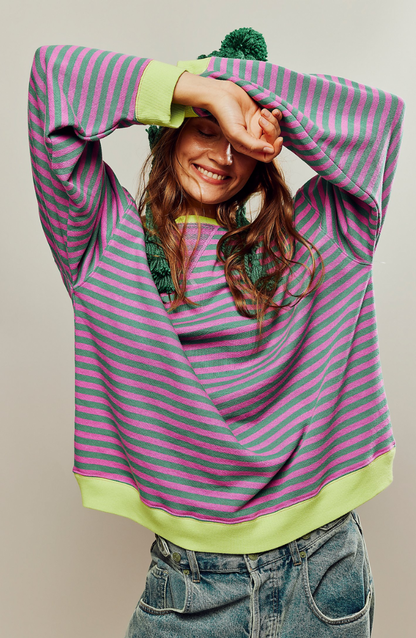 Women's Drop-Shoulder Striped Sweatshirt with Neon Trim