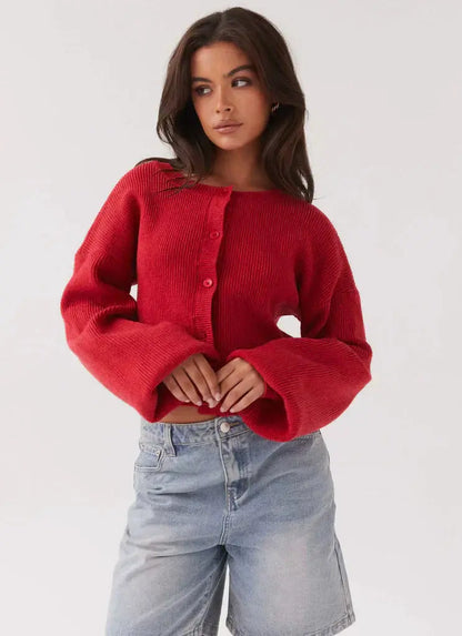 Women's Classic Red Button-Front Knit Cardigan