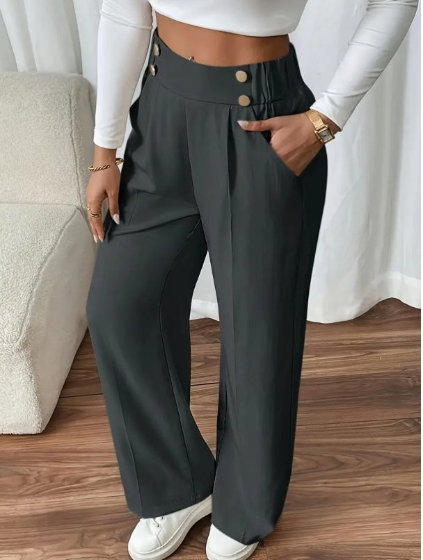 Women's Wide-Leg Trousers with Gold-Tone Button Waistband