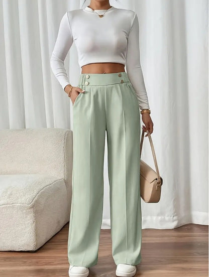Women's Wide-Leg Trousers with Gold-Tone Button Waistband